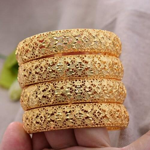 ANNAYOYO 4Pcs/lot Ethiopian Africa Gold Color Bangles for Women Flower Bride Bracelet African Wedding Jewelry Middle East Items