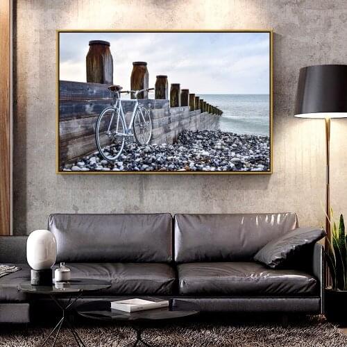 Artcozy Oil Canvas Painting beach_bicycle_bike_nature_ocean_sea_seashore_sky_stones_water For Home Decoration Wall Art