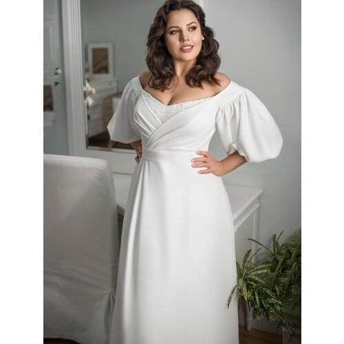 Half Sleeves Beads Satin Wedding Gowns V Neck Zipper 2021 Big Size Over Weight A Line Bridal Dress Hochzei Backless Custoom Made