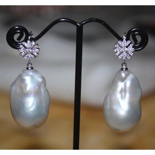 Free shipping charming huge 16-20mm south sea white baroque pearl earring 925silver (0931)