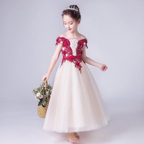 Fashion Red Beading Appliqued Long Flower Girl Dresses Lace First Communion Dresses Girls Pageant Dress Kids Prom Dress