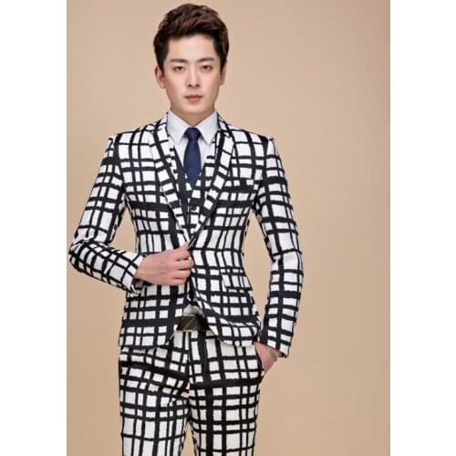 Blazer men black and white lattice latest coat designs marriage suit men terno masculino printing wedding suits for mens singer
