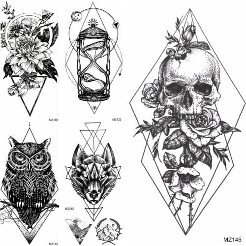 Black Death Skull Temporary Tattoos Sticker Fake Geometric Flower Owl Wolf Tattoos Adults Fashion Waterproof Body Art Arm Tatoo