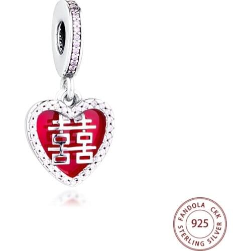 CKK 925 Sterling Silver Bead Chinese Double Happiness Heart Charms Beads for Jewelry Making Fit Pandora Bracelets DIY kralen