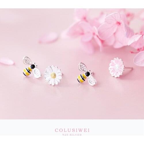 Colusiwei 925 Sterling Silver Earrings for Women Enamel Flower Bee Asymmetry Korea Earrings for Girl Fresh Summer Silver Gift