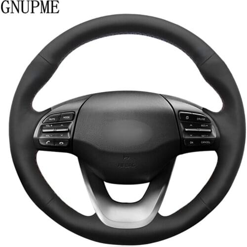 DIY Hand-stitched Black Artificial Leather Car Steering Wheel Cover for Hyundai Kona 2017 2018 2019
