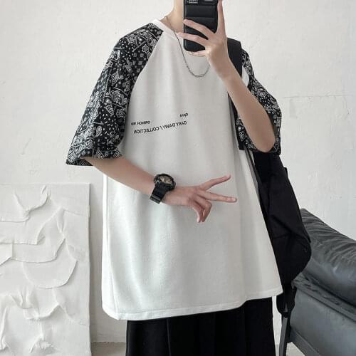 Summer Mans T-shirt Oversized Short Sleeve O Neck Patchwork Flower Korean Style Harajuku Top Vogue Cotton Streetwear Clothing