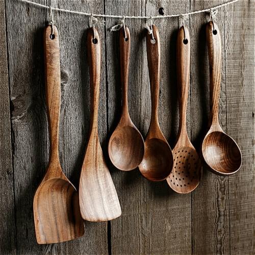 Thailand Teak Natural Wood Tableware Spoon Ladle Turner Long Rice Colander Soup Skimmer Cooking Spoons Scoop Kitchen Tool Set