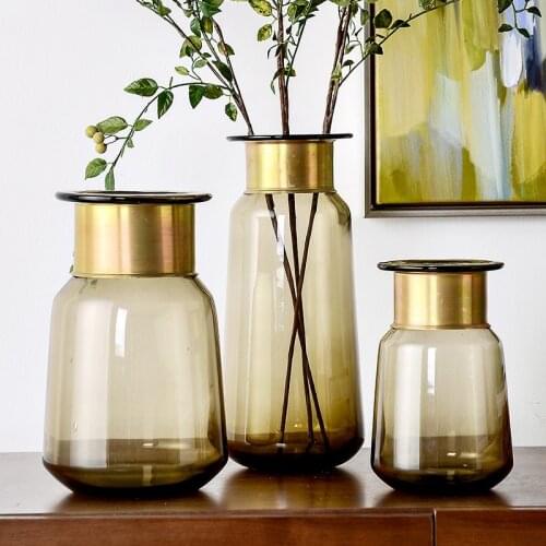 American Country Metal Ring Glass Vase Color Artificial Blow Dry Flower Vase Crystal Glass Home Decor Table Vase