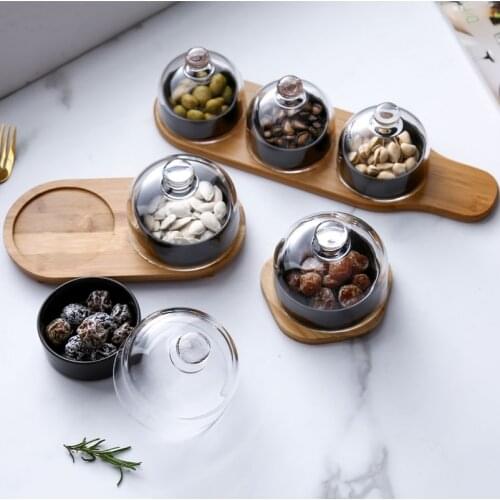 Ceramic Baking Cake Cup Pudding Cup Glass Lid Solid Wood Tray Cake Bowl Cake Plate Dessert Bowl Fresh Fruit Snack Plate