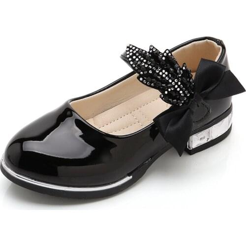 Girls Dress Shoes PU Patent Leather Shoes Kids Wedding Party Shoes Rhinestone Princess Children Low Heeled Shoes Bow-knot Sweet