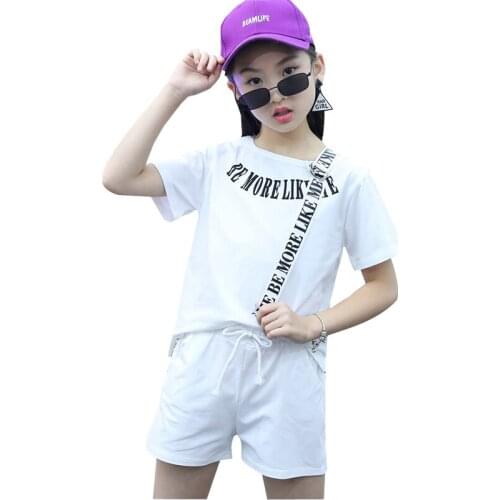 Teens Summer Girls Clothing Sets 2018 New Letter 100% Cotton T-shirts & Denim Shorts 2Pcs For 4 6 8 10 12 14 Years Kids Clothes