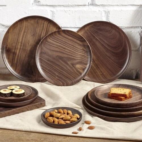 Black Walnut Round Wooden Serving Tray Fruit Plate Wood Plate Circle Pallet Japanese Style Dried Fruit Plate