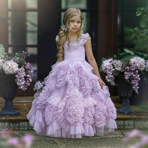 Lavender Boho Flower Girl Dresses For Wedding Jewel Neck Ruffles Little Toddler Pageant Gowns Tulle Kids Prom Dress
