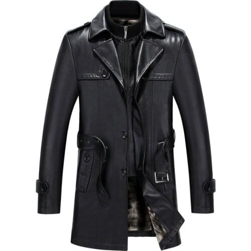 M-4XL! Large size mens leather coat 2018 New fleece in a long leather leather coat for men in a heavy suit collar coat