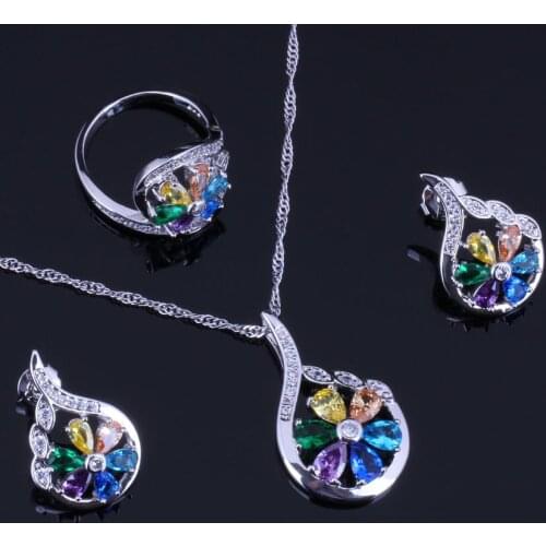 Flower Multigem Multicolor Cubic Zirconia Silver Plated Jewelry Sets Earrings Pendant Chain Ring V0319