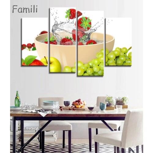 4 Piece Hot Sell Modular Wall Paintings Beautiful Kitchen Fruit Modern Oil Painting on Canvas Pictures For Living Room HD Poster