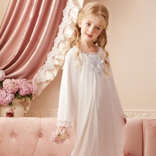 Sweet Princess Style Nightgowns For Girls Autumn Winter Lace Bow O Neck Night Dress Soft Cotton Mesh Sleepwear Home Clothes