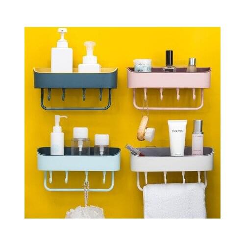 New Bathroom Shelf Shower Wall Mount Storage Rack With Towel Bar Punch Free Plastic Bathroom Shelves Bathroom Accessories