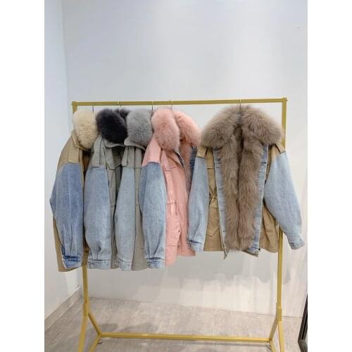 2020 New Womens Coats Winter Real Fur Parkas Rex Rabbit Liner with Fox Fur Collar Cowboy Overcoat Women Jacket Plus Size