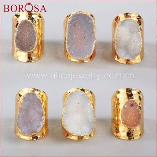 BOROSA 5Pcs Wholesale Fashion Gold Color Freeform Natural Crystal Druzy High Quality Drusy Band Ring for Women G0935
