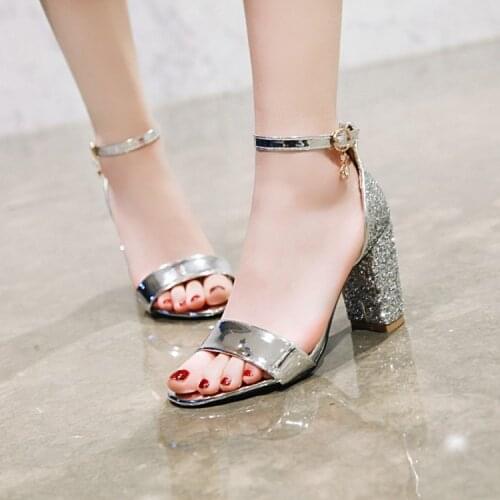 Big Size 11 12 13 14 15 16 17 high heels sandals women shoes woman summer ladies One-word buckle, open-toed sequins, thick heel