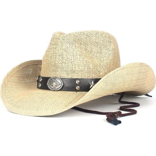 2019 Retro Women Men Straw Hollow Western Cowboy Hat Summer Dad Sombrero Hombre Beach Cowgirl Jazz Sun Hat Size 56-58CM