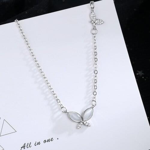 Creative Double Butterflies Clavicle chain for Women Simple Cubic Zirconia Opal Pendants Necklace Jewelry