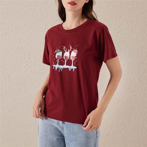 Women Summer T-shirt Casual Wine Glass Printed Round Neck Short Sleeve Female Loose Tops Fashion Streetwear