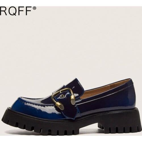 Women Shoes 2021 Fashion Shoes Handmade Round Toe Med Square Heel Retro Metal Decoration Casual Oxford Shoes Blue Footwear RQFF