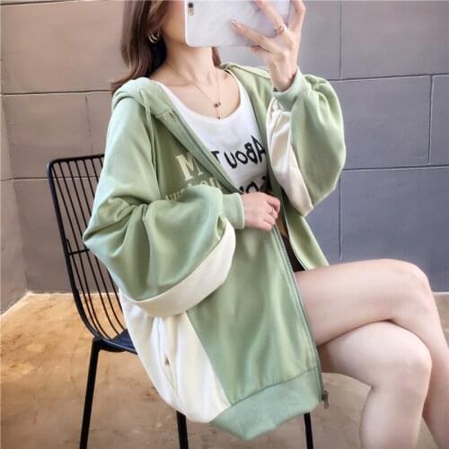 Spring Long Sleeve Hooded Casual Hoodie 2020 New Fashion Patchwork Zipper Jacket Tops Large Size Womens Sweatshirt Coat Y61