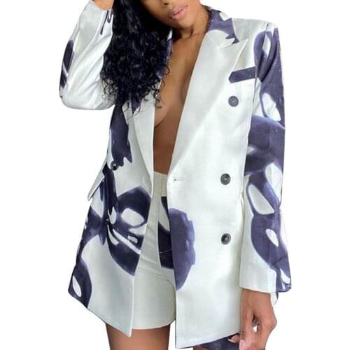 New Autumn Women 1 Set Blazer Shorts Set Splash Ink Print Double Breasted Two-piece Lapel Suits Coat High Waist Shorts suit