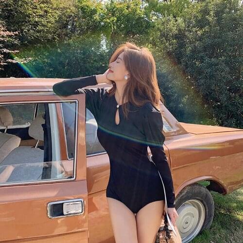 2021 New Korean One Piece Swimsuit Close-fitting Slender Sexy Long Sleeve Gather Together Backless Bathing Suit Women