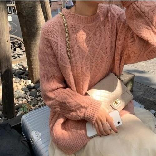 New Womens Sweater 2021 Casual Winter Hooded Sweater New Round neck Solid Twist Loose Short Thick Warm Long Sleeve Knitting Top