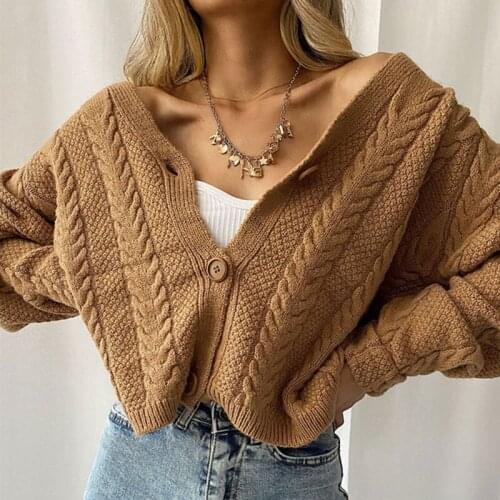 Knitted Twist Short Cardigan Women Autumn Solid Drop Shoulder Button Casual Cardigans Sweater 2021 Fashion Lady Simple Sweaters