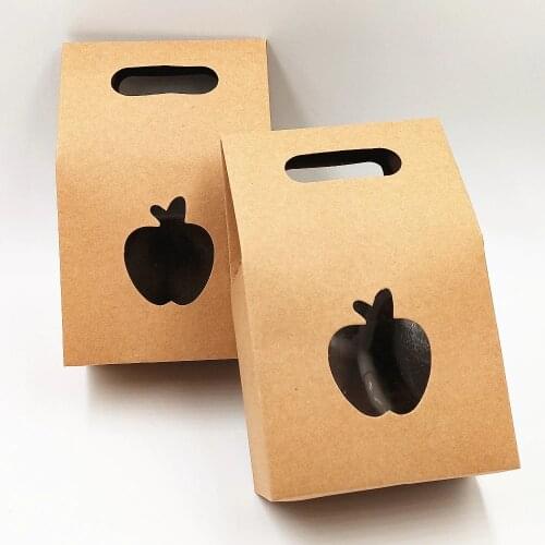 100Pcs 10x6x16cm New Paper Card Packing Handle Bag Box PVC Heart Square Apple For Pack Dessert Candy Macaron Cup Cake Apples Bag