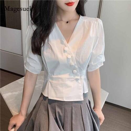 2020 Solid Cotton Korean Top Fashion V-neck Woman Shirt Short Sleeve Chiffon Blouse Summer Button Slim Lady Shirt Blusas 10291