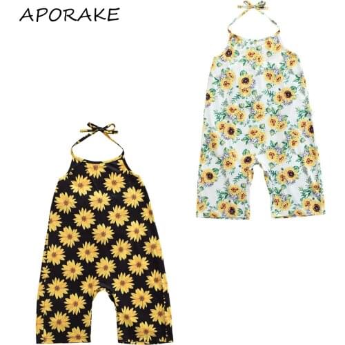 2021 2-7Y Baby Girl Romper Summer Boho Sunflower Full Print Sleeveless Halter Backless Jumpsuit Holiday Outfit