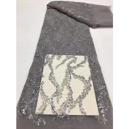 2021 High Quality French Nigerian Sequins stones Net Lace,African Tulle Mesh Lace Fabric Sequins For Party Dress 5yards/Lot grey