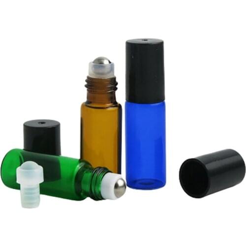 300 x 5ml Empty Mini Glass roll on bottles for essential oils Refillable perfume bottle deodorant containers with black lid