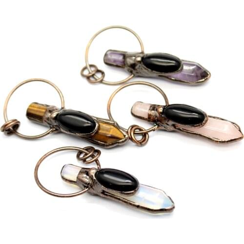 Long Pendant Necklace Healing Stone Jewelry Hexagonal Point Black Obsidian Pendulum Natural Amethysts Opal Pink Crystal Necklace