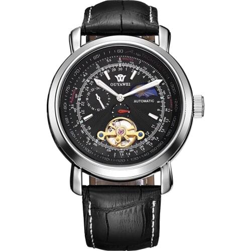 Gorben Black White Automatic Mechanical Watch Men Skeleton Watches PU Leather Bracelet Wristwatch Mechanical Clock