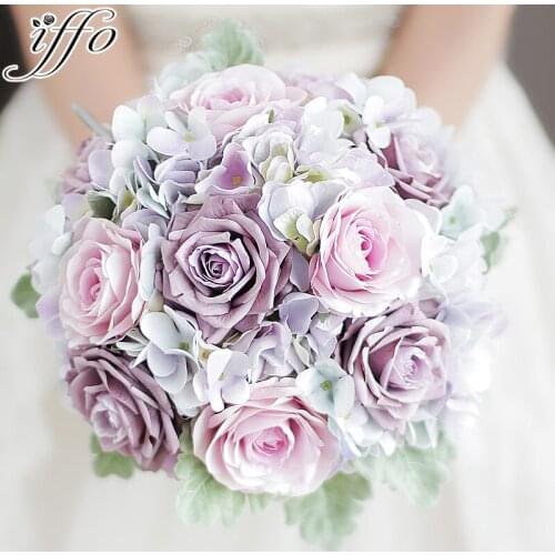 IFFO custom bride hand holding flower wedding bouquet bride chest flower pink rose with petal green leaf drop drill DIY decor