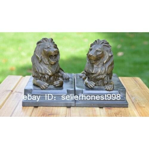 Chinese Bronze Marble Fu Foo Dog Lion Statue Pair Two lions Art Deco Sculpture