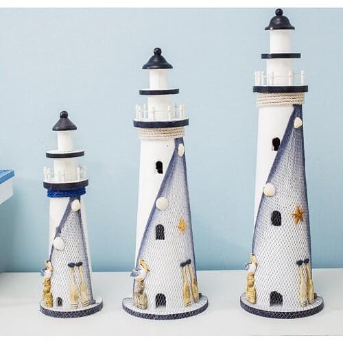 Mediterranean Style Creative Solid Wood Crafts Lighthouse Dark Blue Handmade Watchtower Observation Home Furnishings Decoration