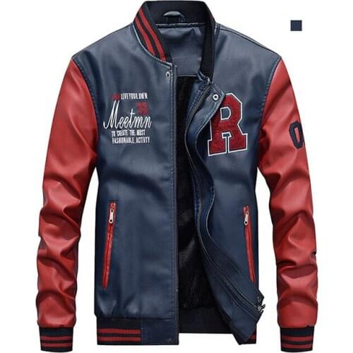 Winter Autumn Stylish Pu Leather Jacket Men Fashion Stand Collar Winter Spring Thick Fleece Baseball Jacket