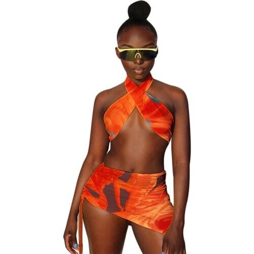 XLLAIS Print Summer Suits Halter Tank Tops And Drawstring Mini Skirt Matching Outfits Sexy Birthday 2 Piece Set For Women 2021