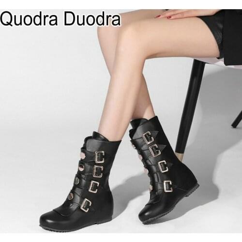 New boots winter women warm plush shoes Mid-Calf high heels fashion snow Metal decoration buckle solid punk plus size 43 48
