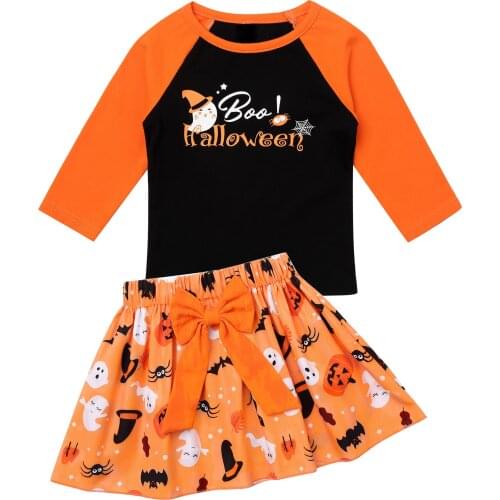 Newborn Baby Girl Clothes My First Halloween Cosplay Costume Outfits Long Sleeves Top and Ghost Print Pattern Skirt Pumpkin Set