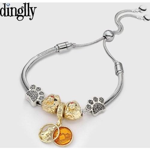 Dinglly Golden Lion Charm Bracelets & Bangles Original Fine Animal Footprints Beads Silver Color Fashion Bracelet Jewelry Gift